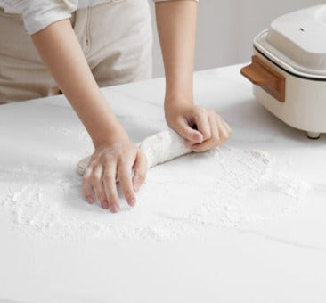 Oak, Solid Rubberwood Round Folding Dining Table With Rock Slab Surface