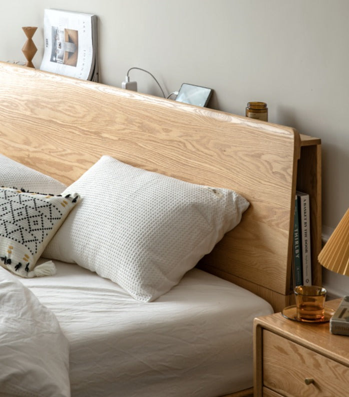 Oak Solid Wood Box Bed with Light And Bookshelf