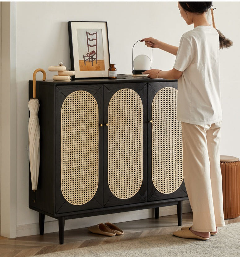Oak Solid Wood Black Rattan Shoe Cabinet