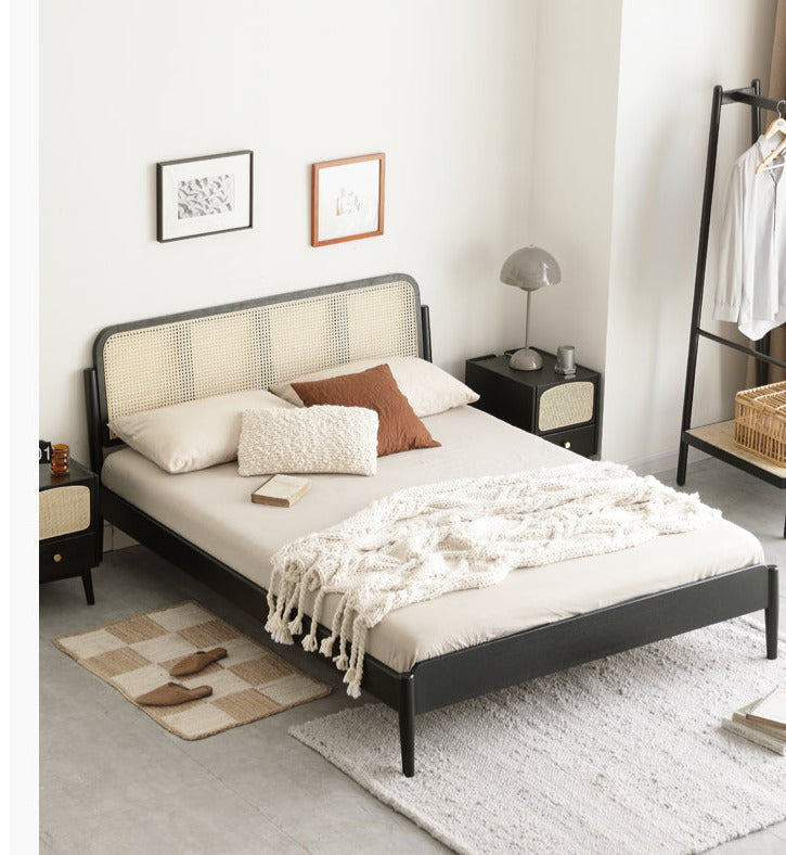 Oak rattan solid wood black bed