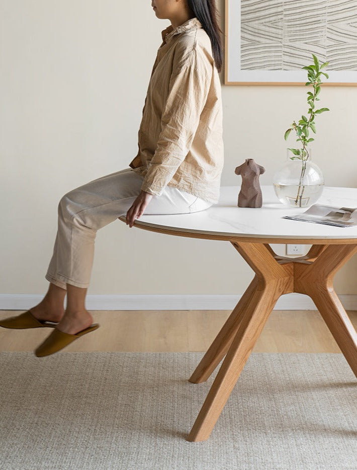 Oak Solid Wood Round Nordic Dining Table With Rock Slab Surface