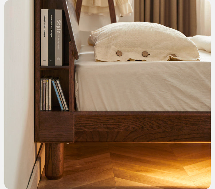 Oak Solid Wood Bed with Light, Storage Space