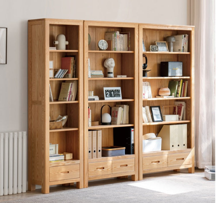 Oak, Rubberwood Solid Wood Drawer Bookcase