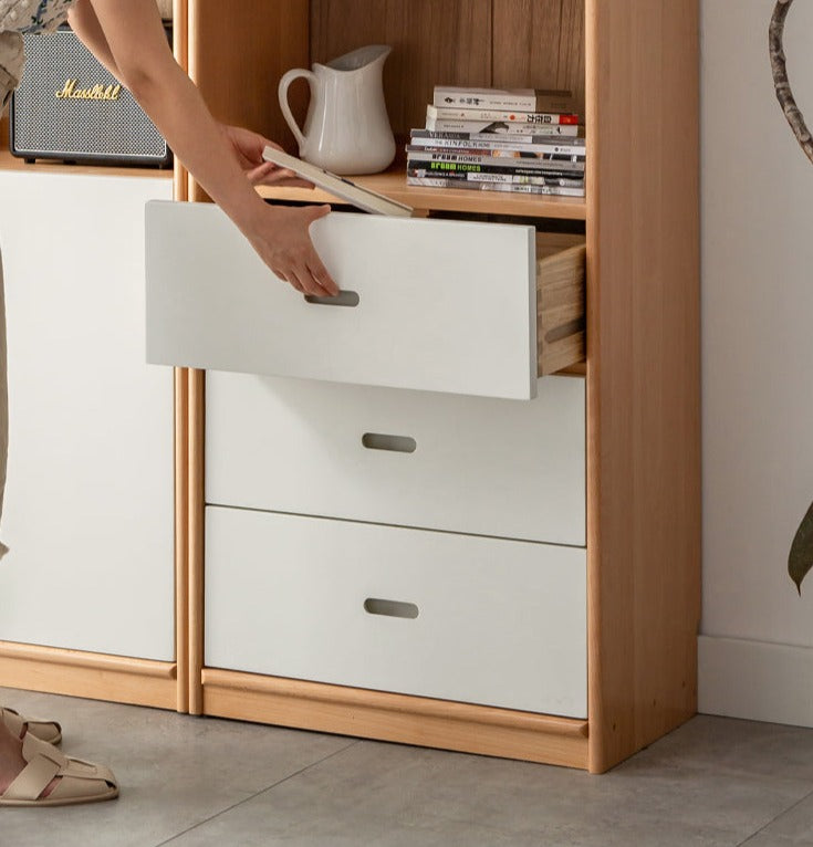 European Beech, Oak Solid Wood Floor-Standing Bookshelf with Glass Door Display