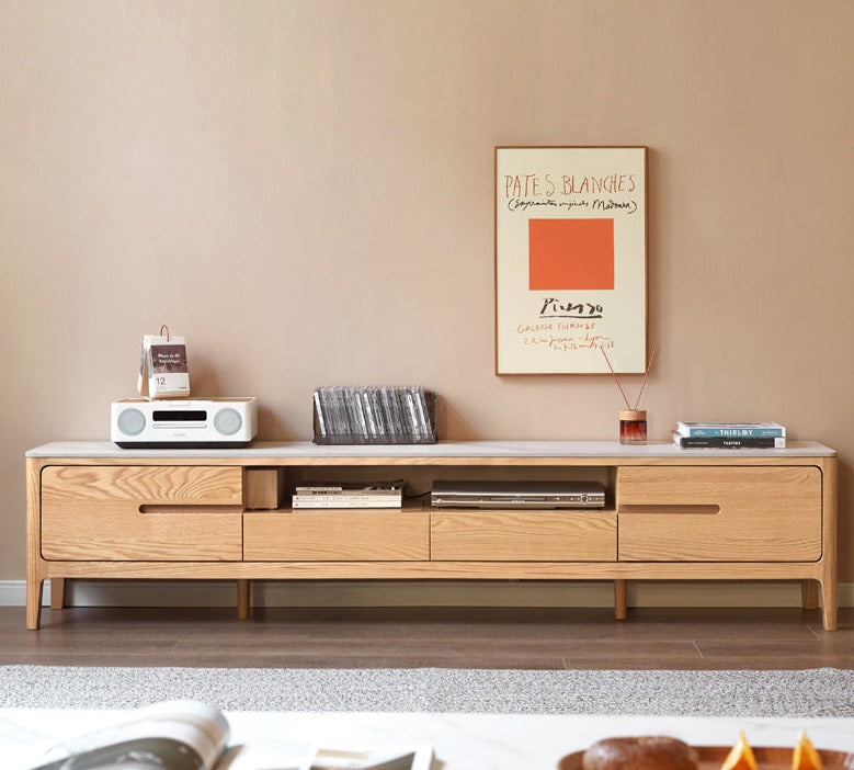 Solid Rubberwood, Oak Solid Wood TV Stand Slate Top.
