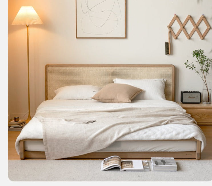 Ash Solid Wood Floor Bed Rattan