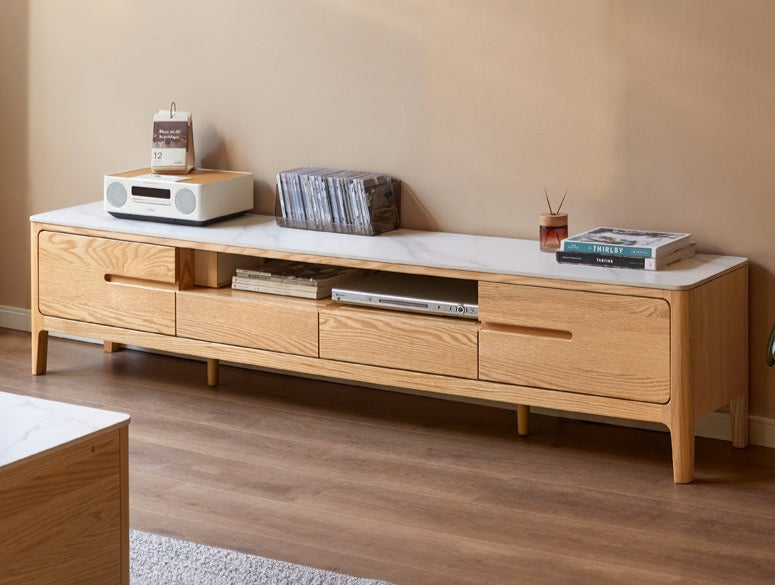 Solid Rubberwood, Oak Solid Wood TV Stand Slate Top.