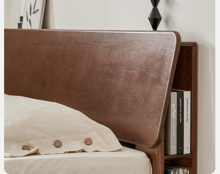 Oak Solid Wood Bed with Light, Storage Space