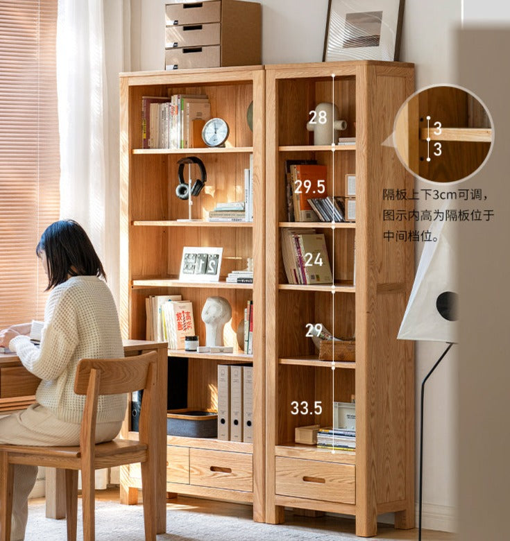 Oak, Rubberwood Solid Wood Drawer Bookcase