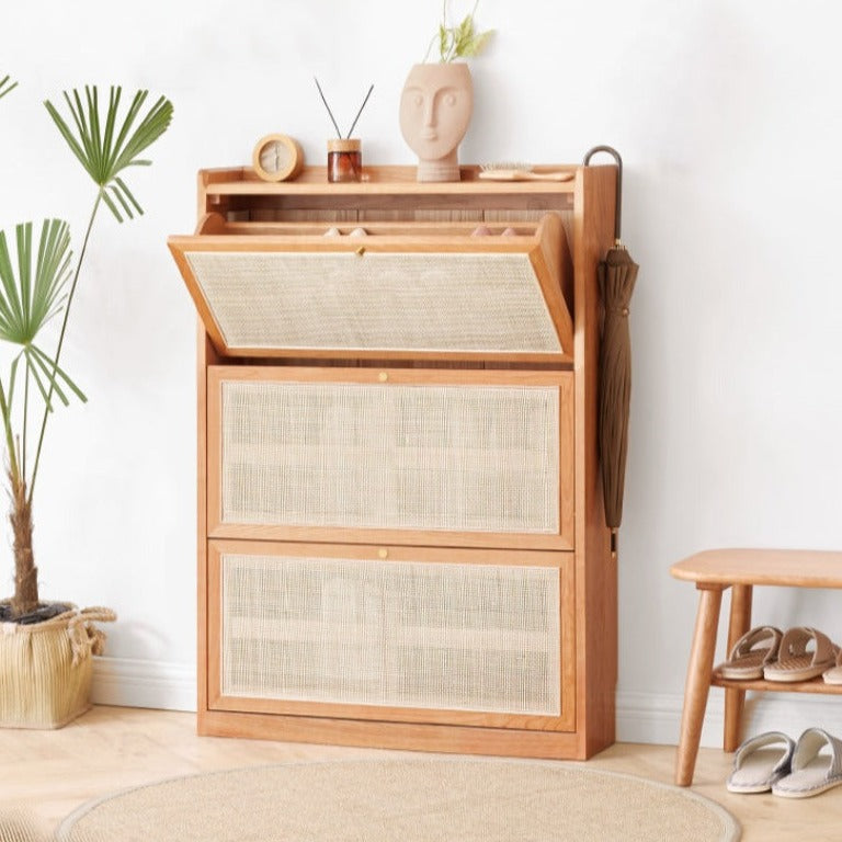 Oak Solid Wood Ultra-Thin Flap Door Rattan Shoe Cabinet