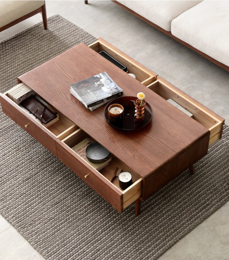 Oak Solid Wood Double-Sided Four-Drawer Coffee Table
