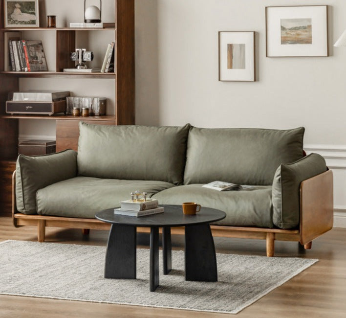 Cherry Wood Sofa Genuine Leather, Fabric-