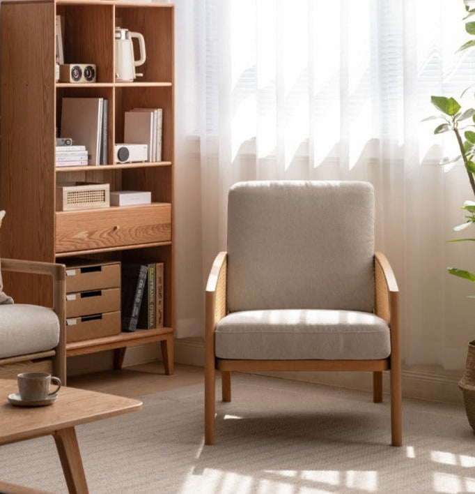Oak Solid Wood Milky Skin Tone Armchair Rattan