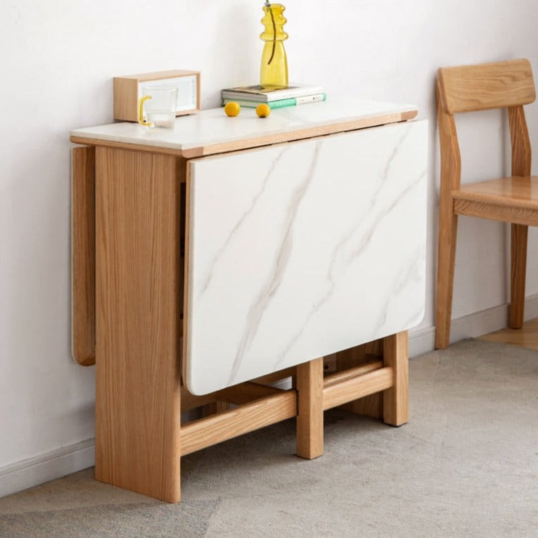 Oak Solid Wood Foldable Dining Table With Rock Slab Surface