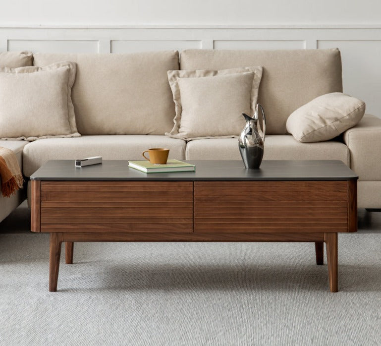 Black Walnut, Sandal Solid Wood Coffee Table with Slate Top