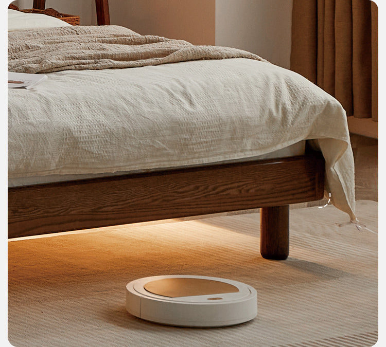 Oak Solid Wood Bed with Light, Storage Space