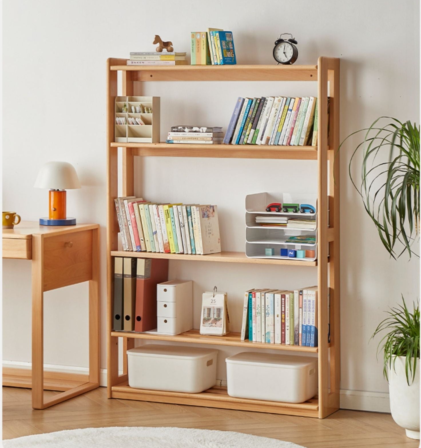 Beech, Oak Solid Wood Floor-To-Ceiling Bookshelf, Toy Storage