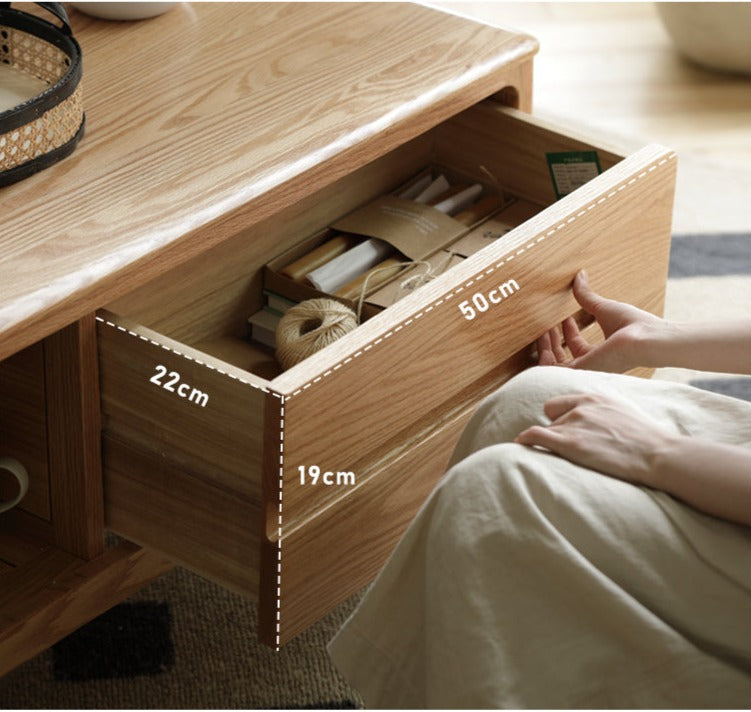 Oak, Solid Rubberwood Coffee Table Three Drawers