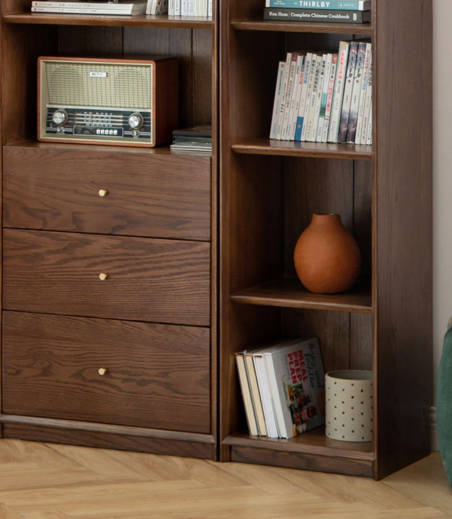 Oak, Ash Solid Wood Modular Bookcase with Glass Doors