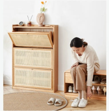 Oak Solid Wood Ultra-Thin Flap Door Rattan Shoe Cabinet