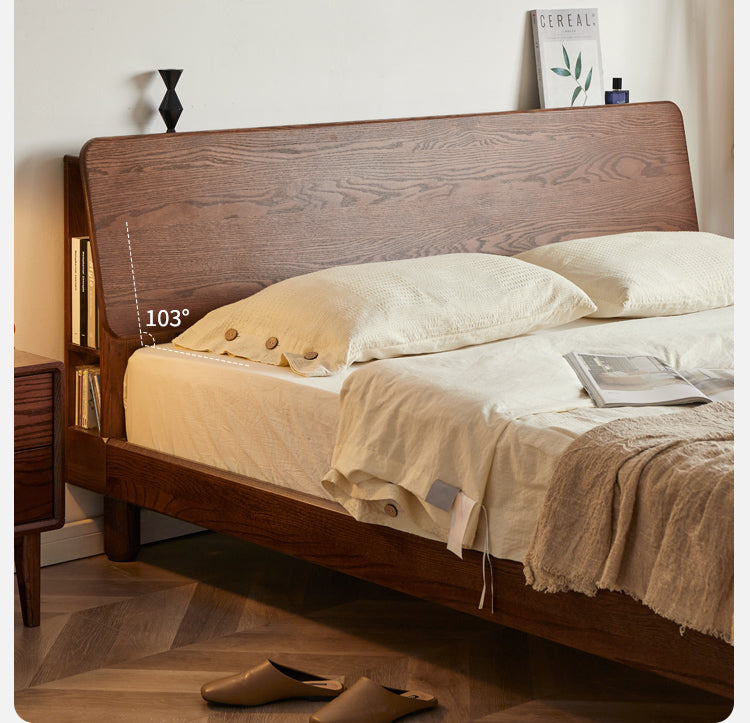 Oak Solid Wood Bed with Light, Storage Space
