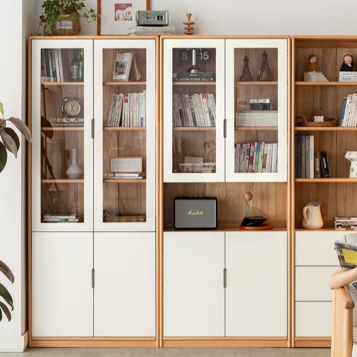 European Beech, Oak Solid Wood Floor-Standing Bookshelf with Glass Door Display