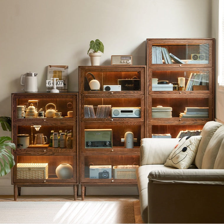 Black Walnut, Oak Solid Wood Glass Flip Door Bookcase, Side Cabinet