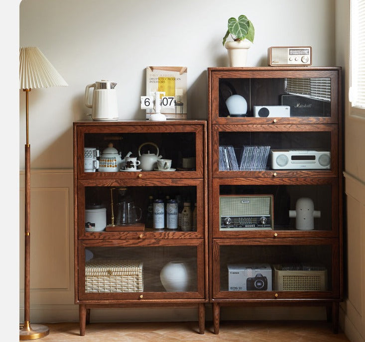 Black Walnut, Oak Solid Wood Glass Flip Door Bookcase, Side Cabinet