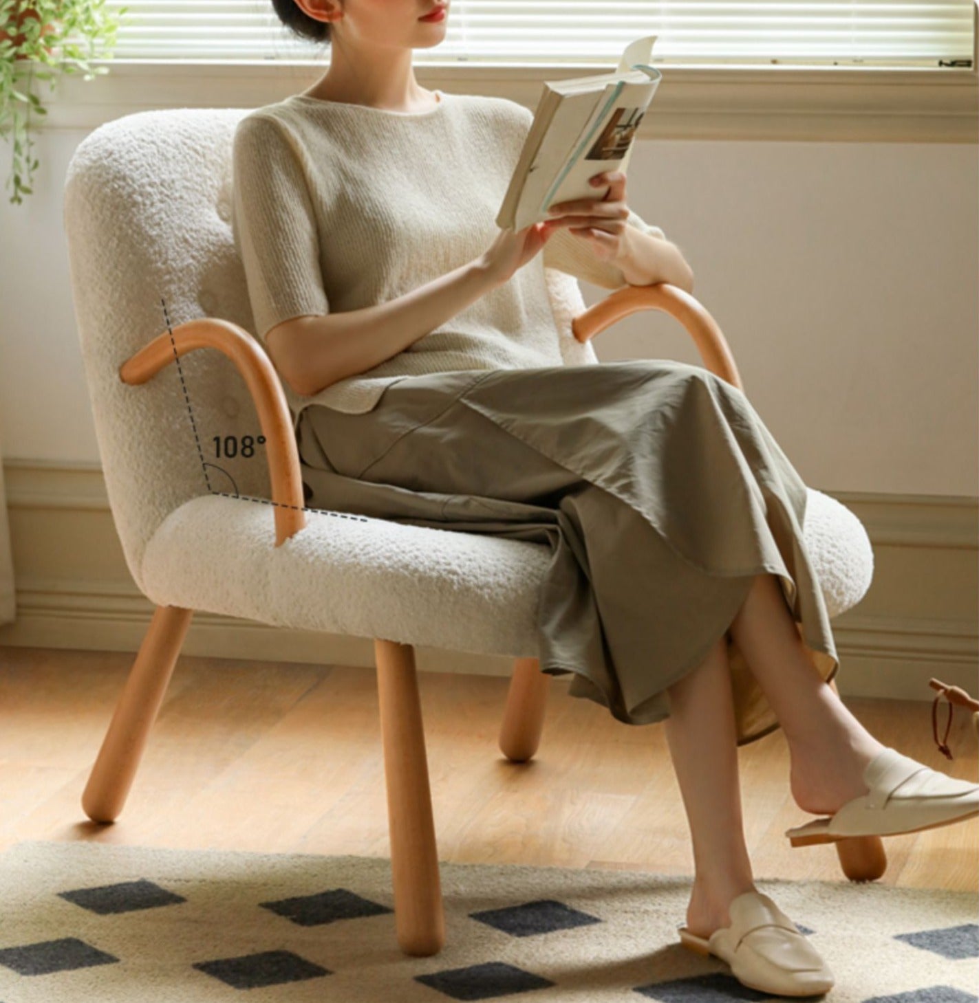 Beech Solid Wood Lamb Velvet Alpaca White Armchair)