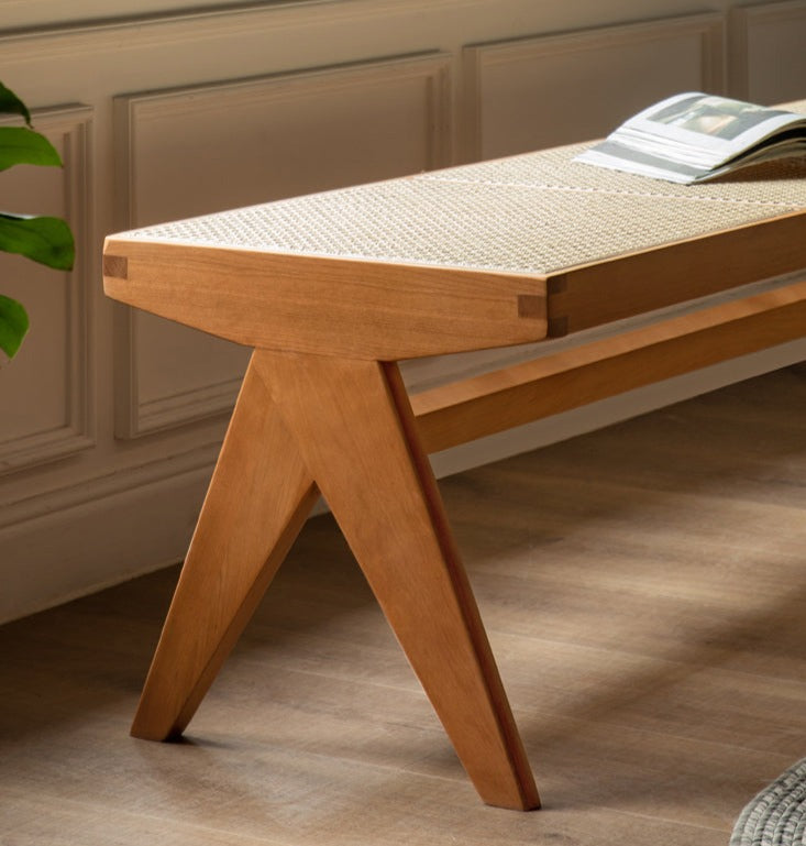Cherry Solid Wood Rattan Retro Dining Bench