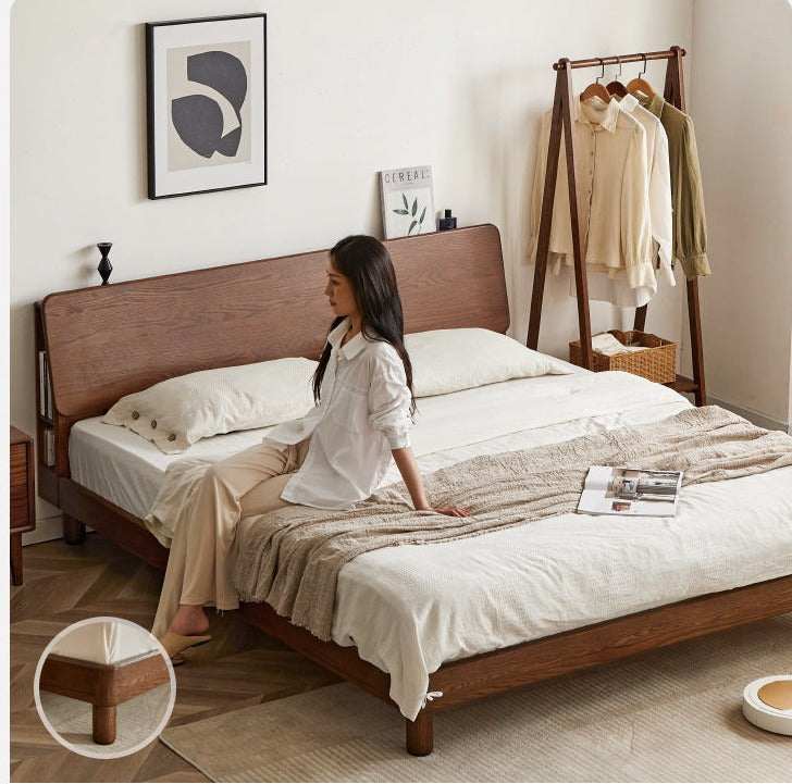 Oak Solid Wood Bed with Light, Storage Space