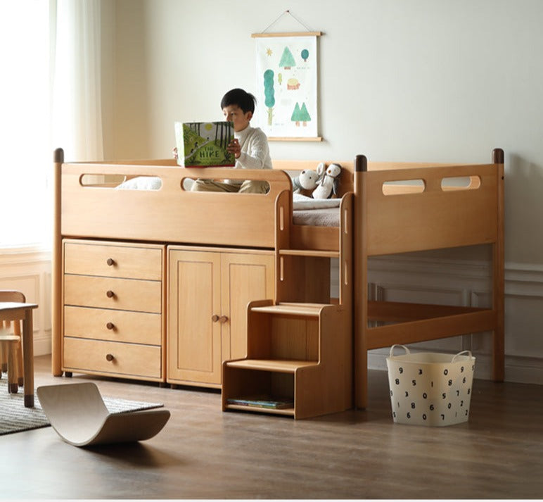 Beech Nordic Children's Solid Wood Loft Bed, Modern Minimalist Multifunctional Combination Bed with Table