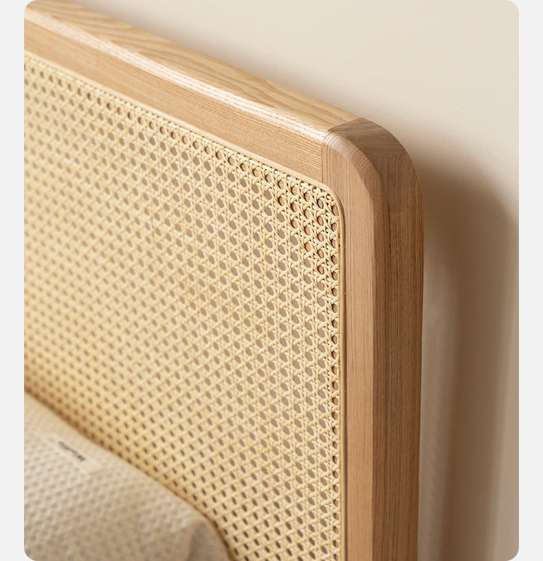 Ash Solid Wood Floor Bed Rattan
