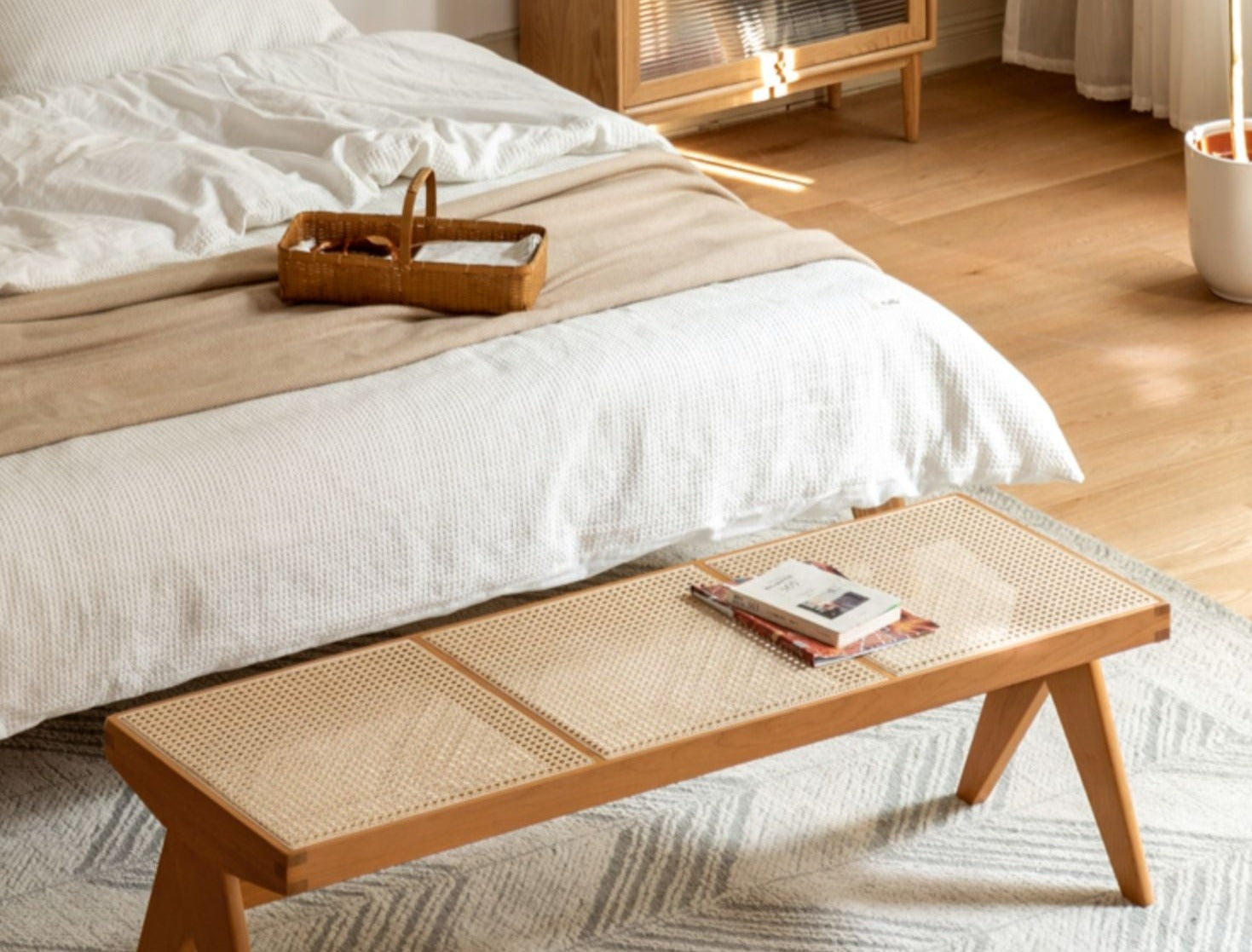 Cherry Solid Wood Rattan Retro Dining Bench