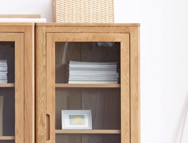 Oak Solid Wood Narrow Bookcase With Doors