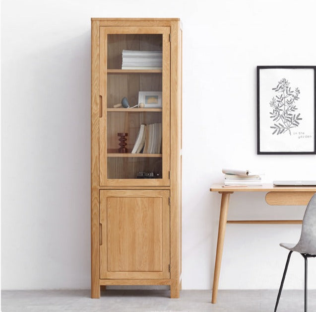 Oak Solid Wood Narrow Bookcase With Doors