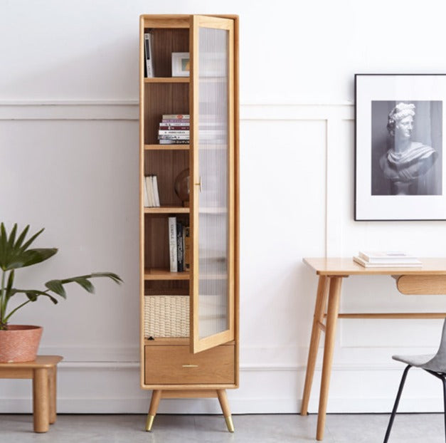 Oak Solid Wood Narrow Bookcase With Doors