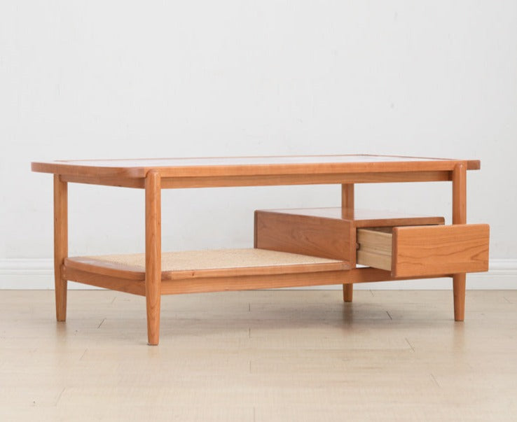 Cherry Solid Wood Coffee Table Glass, Rattan