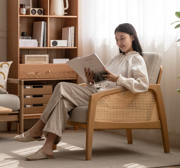 Oak Solid Wood Milky Skin Tone Armchair Rattan