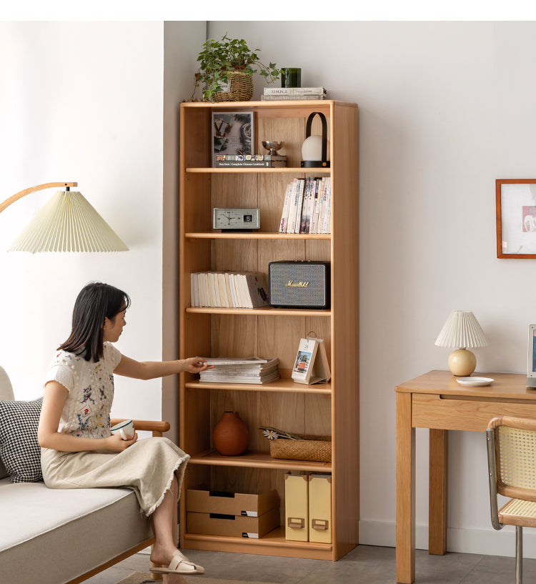 European Beech, Oak Solid Wood Floor-Standing Bookshelf with Glass Door Display