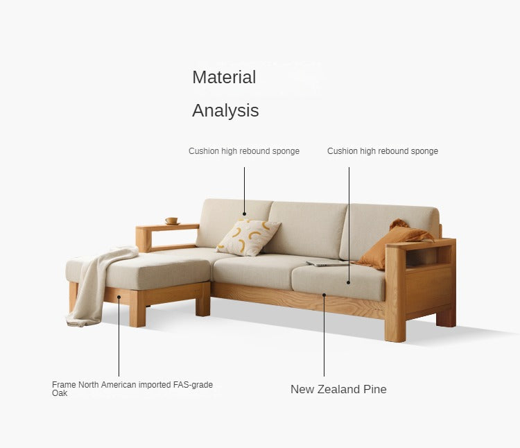 Solid Rubberwood, Oak Solid Wood Cotton Fabric Sofa