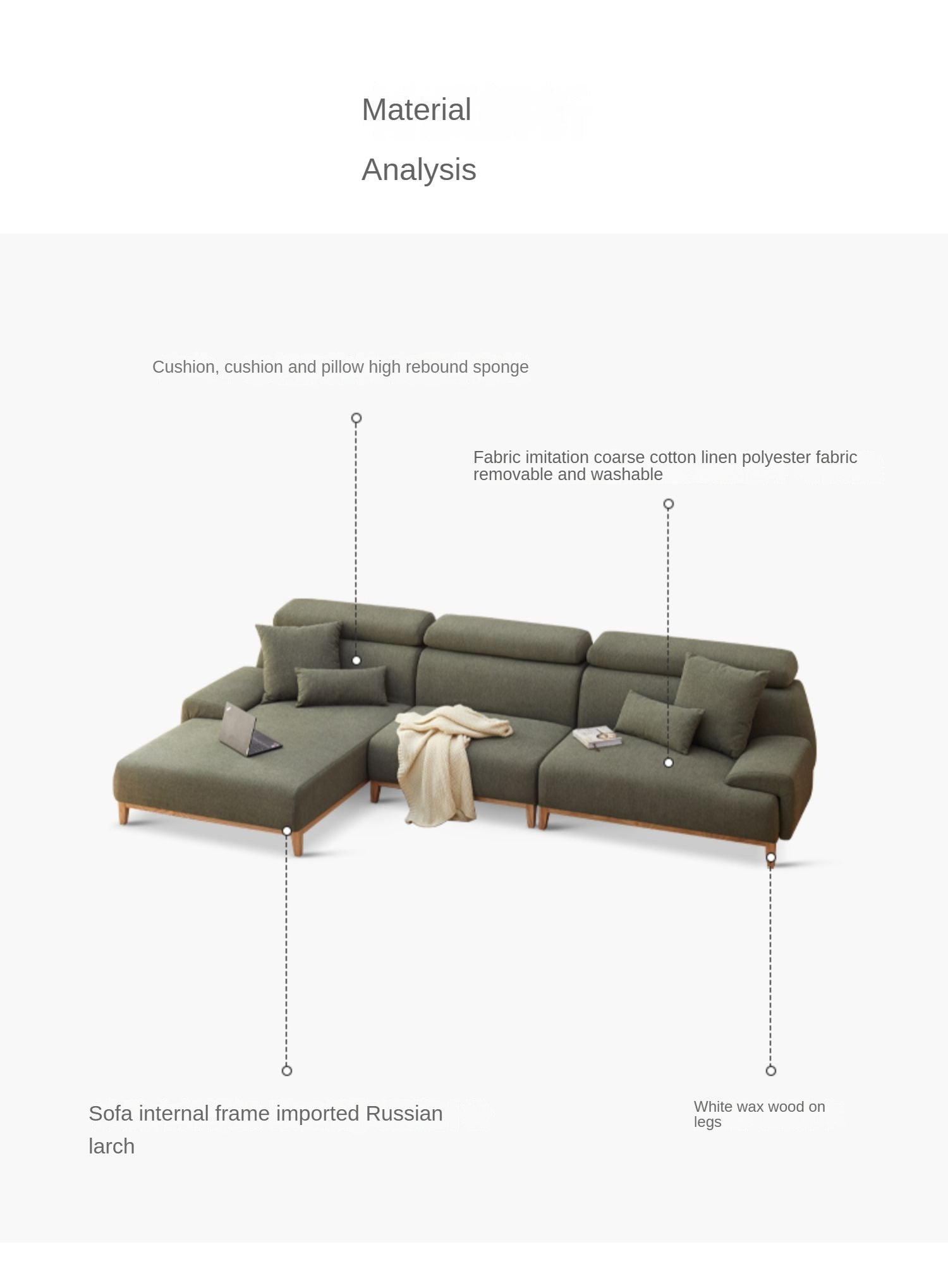 Fabric Modern Corner Sofa with High Back, Frame - Russian Larch