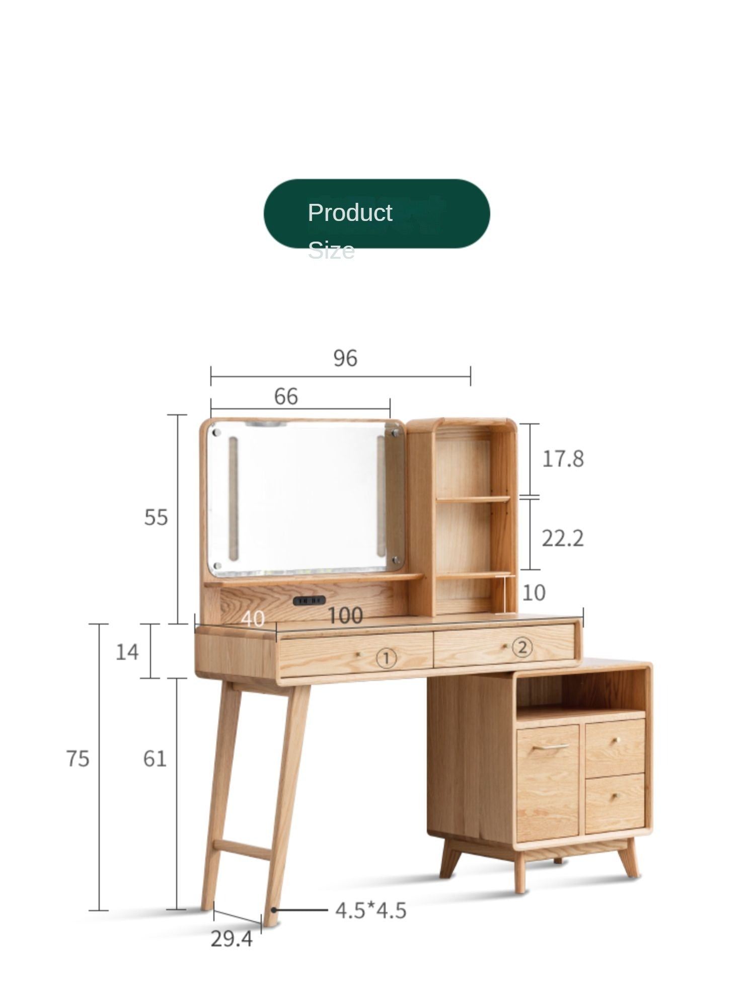 Oak, Rubberwood Solid Wood Vanity Table Telescopic.