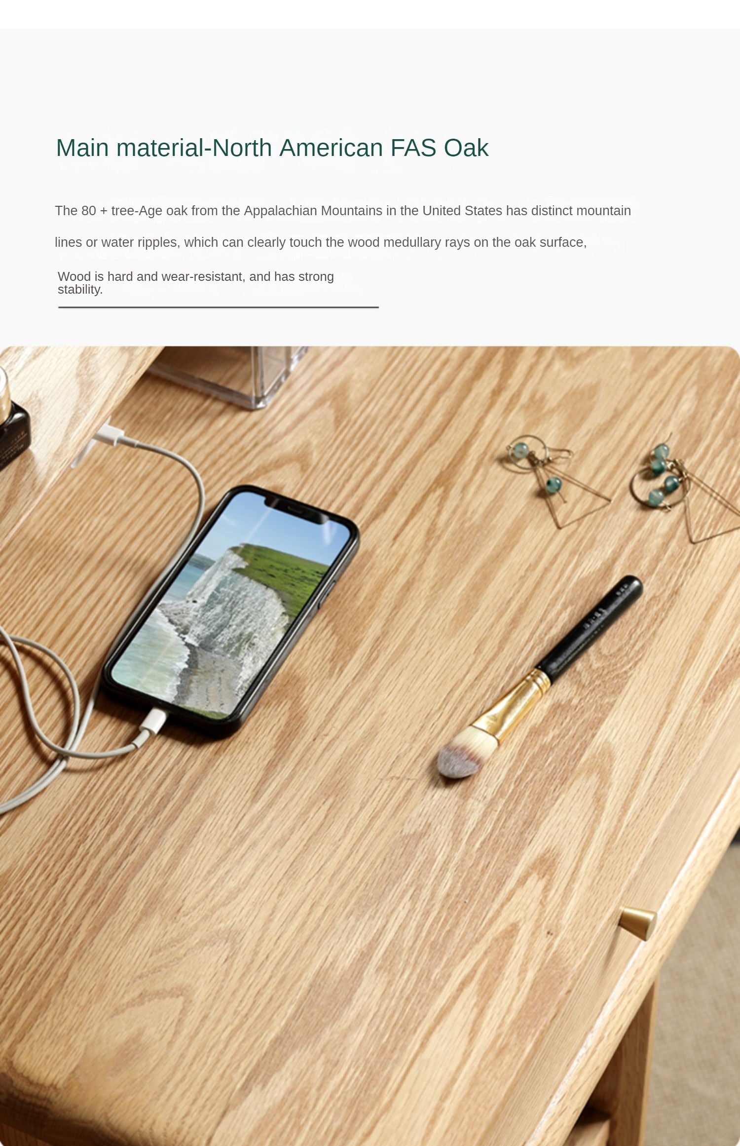 Oak, Rubberwood Solid Wood Vanity Table Telescopic.