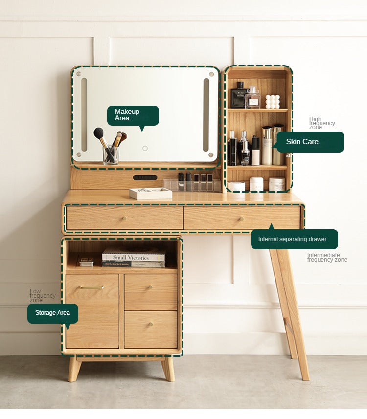 Oak, Rubberwood Solid Wood Vanity Table Telescopic.