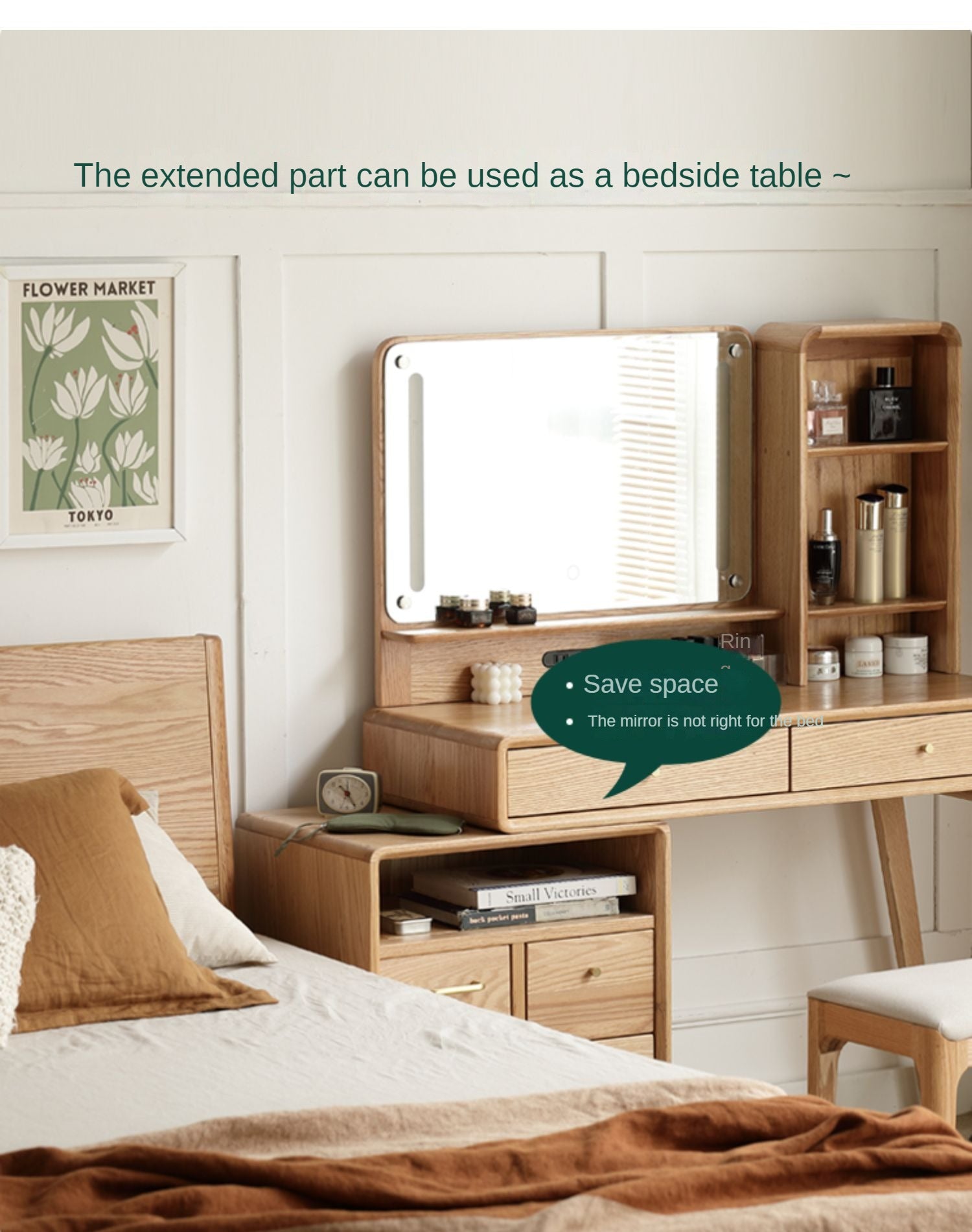 Oak, Rubberwood Solid Wood Vanity Table Telescopic.