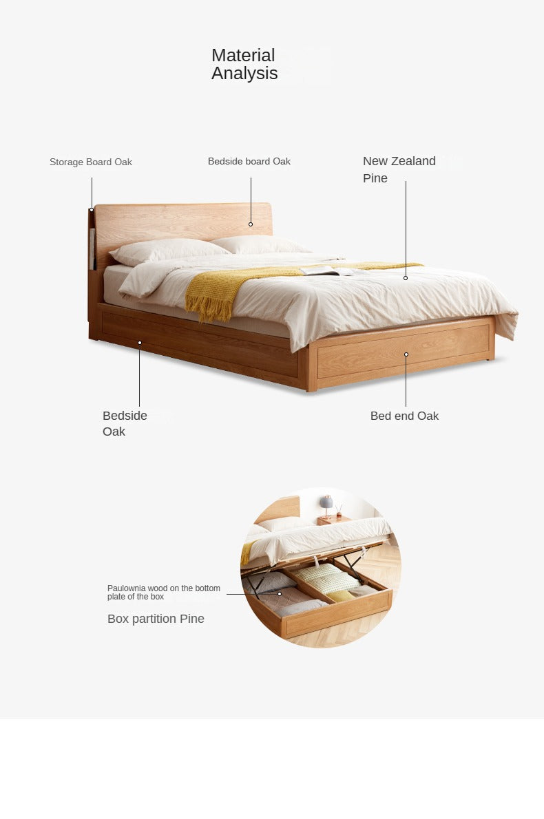 Oak Solid Wood Box Bed with Light And Bookshelf
