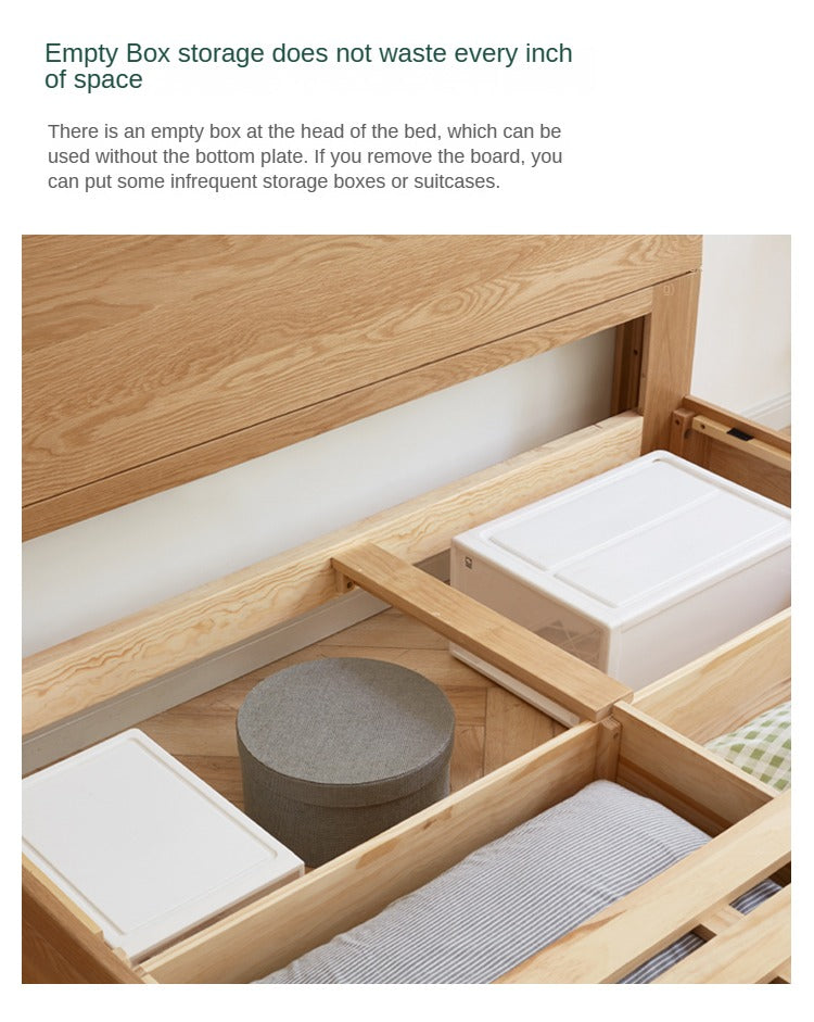 Oak Solid Wood Box Bed with Light And Bookshelf