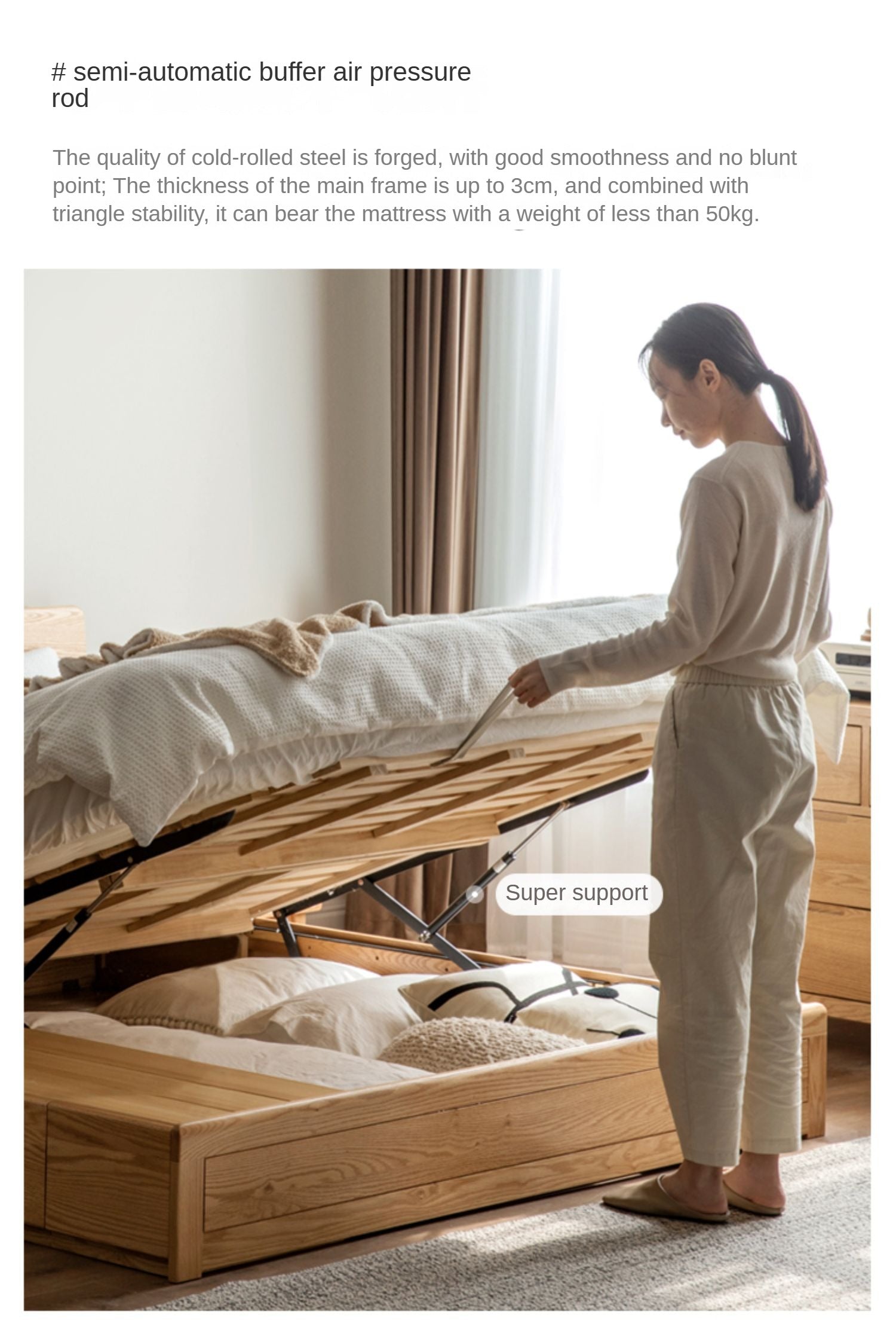Oak Solid Wood Box Bed with Light And Bookshelf