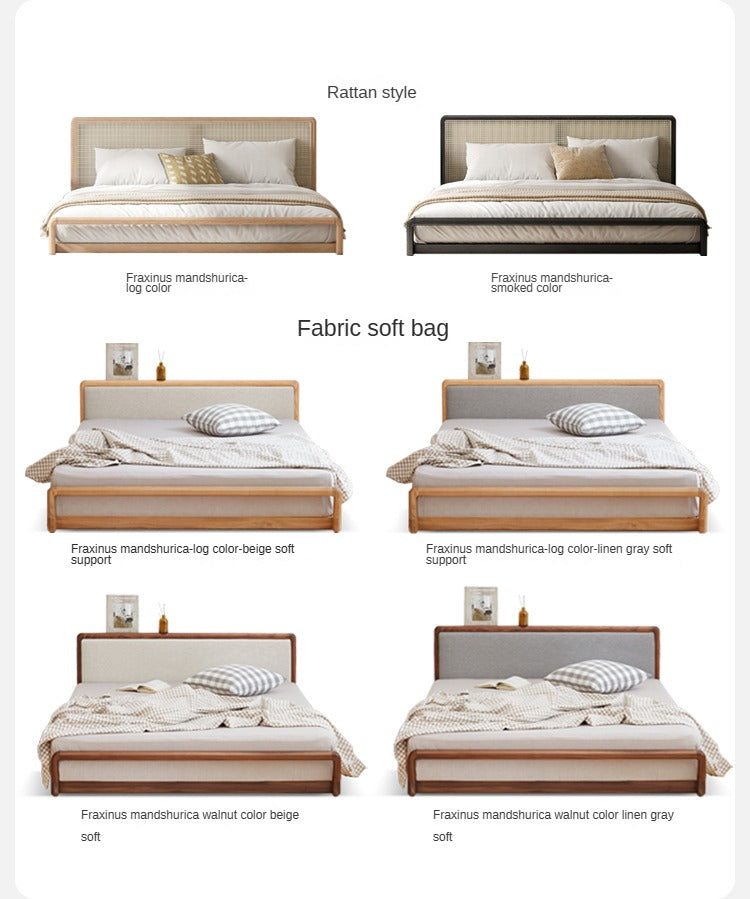 Ash Solid Wood Floor Bed Rattan